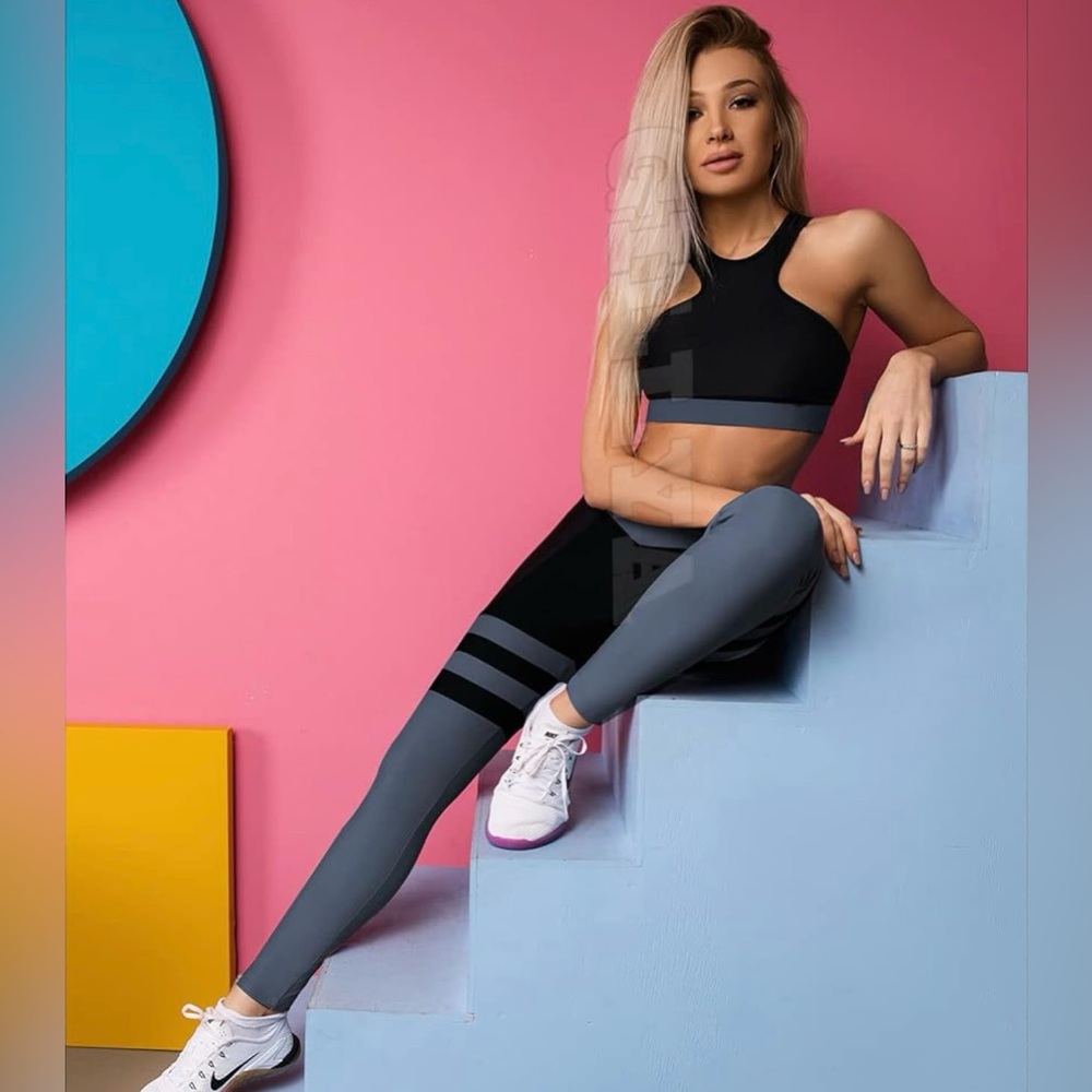 Black and Gray Striped Activewear Set - Sports Bra and Leggings